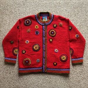 Newari Hand Crafted Nepal Icelandic Wool Cardigan Sweater Boho Christmas L XL
